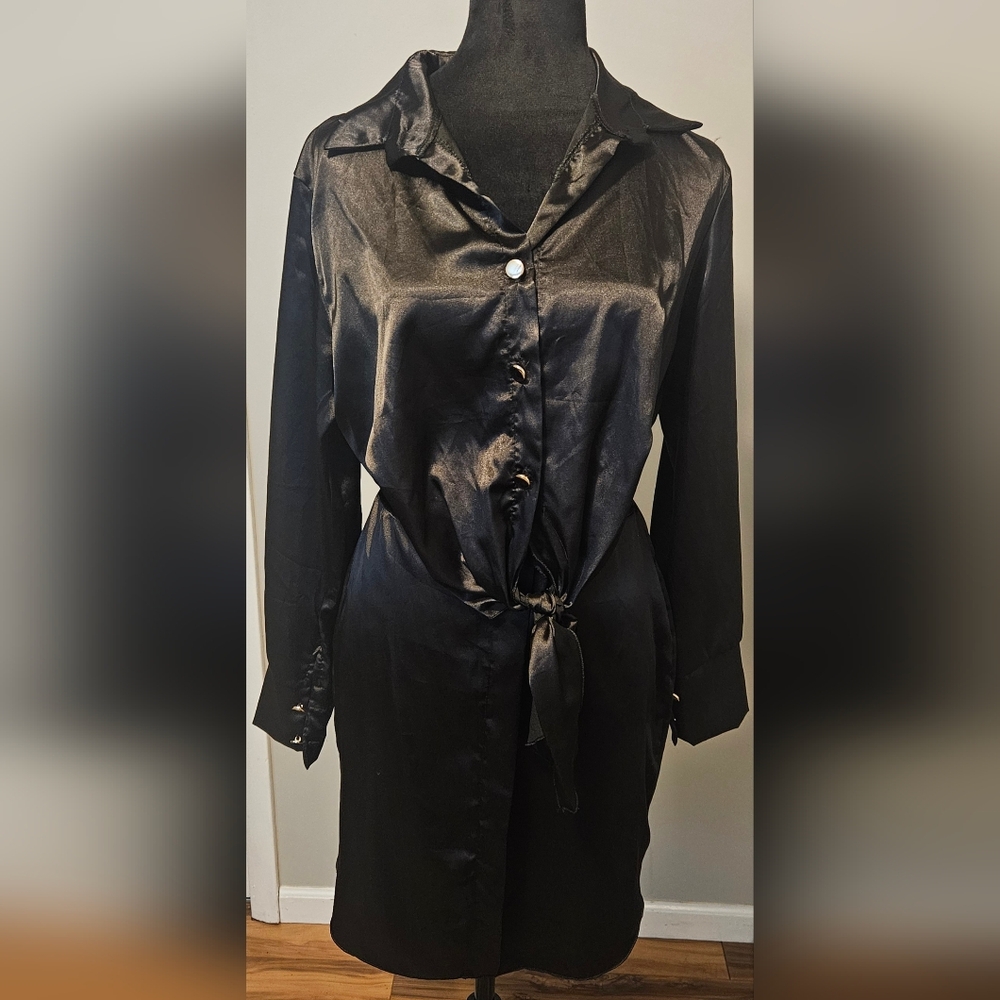 Venti6 Black Satin Tie-Front Button Down Mini Dress Size S - Picture 1 of 3